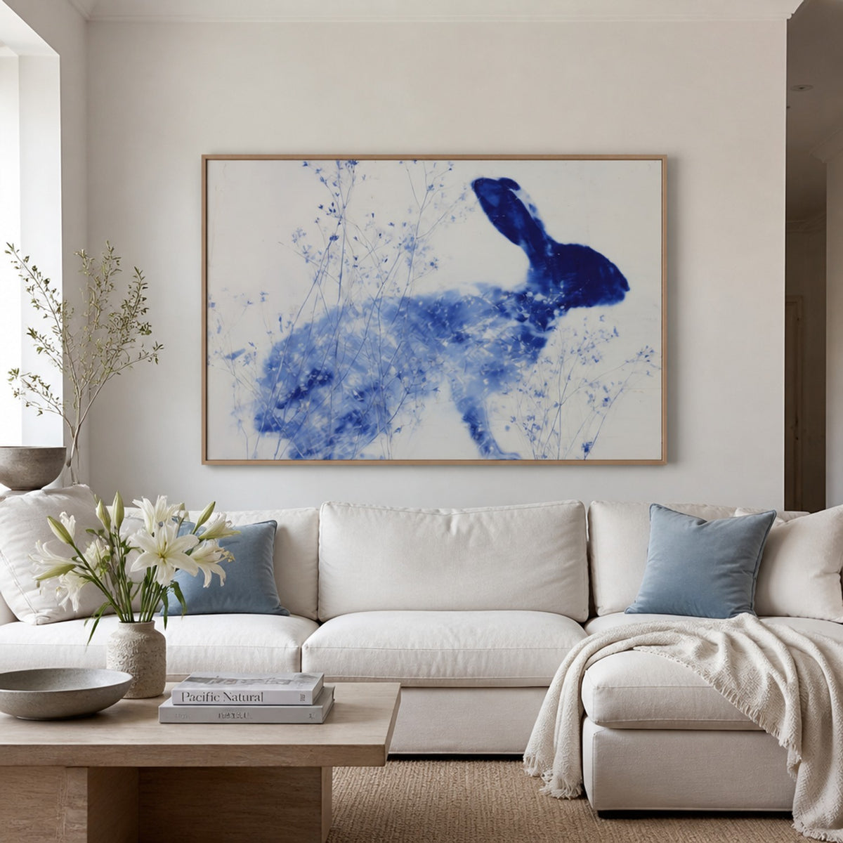 Blue Rabbit Silhouette with Wildflowers