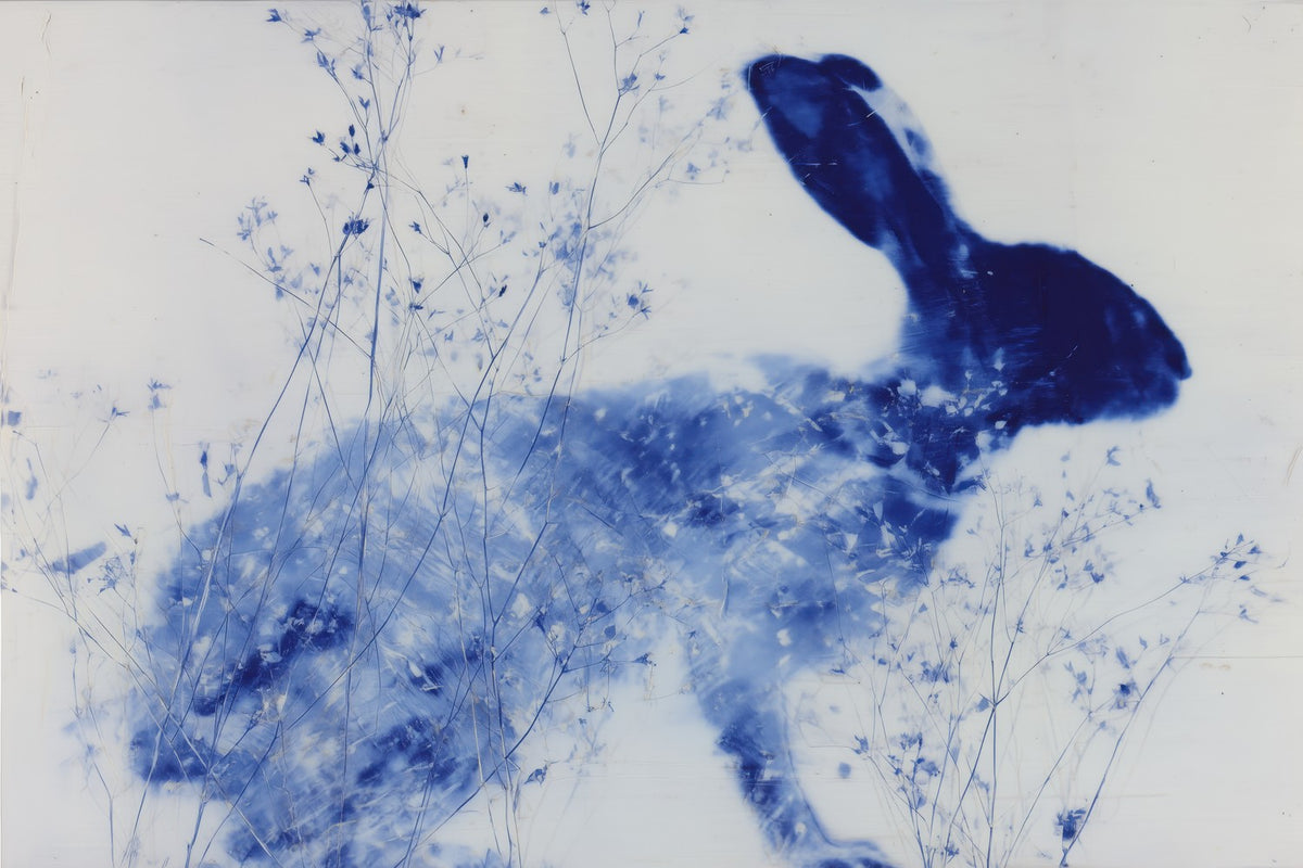 Blue Rabbit Silhouette with Wildflowers