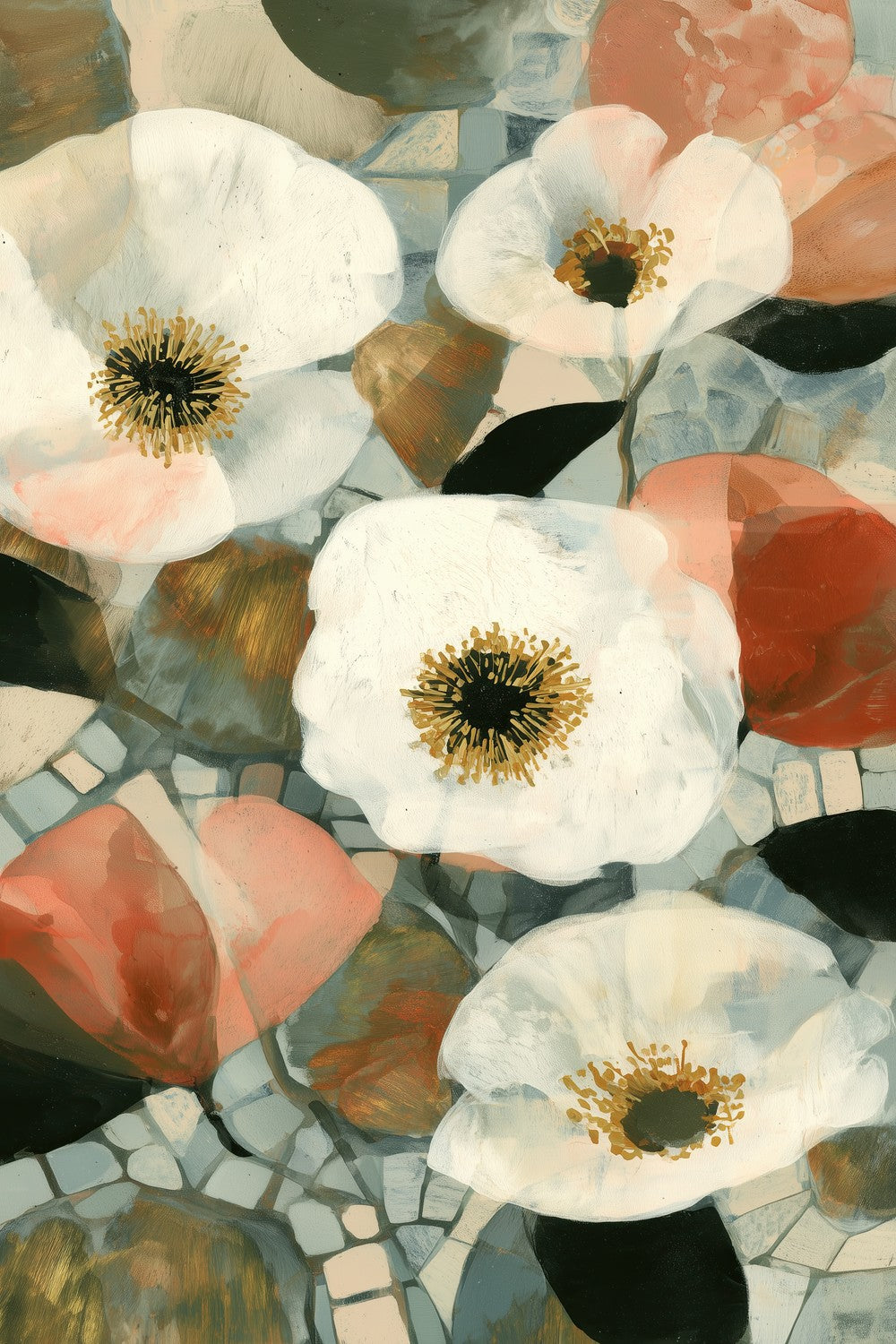White Blooms on Mosaic Tile