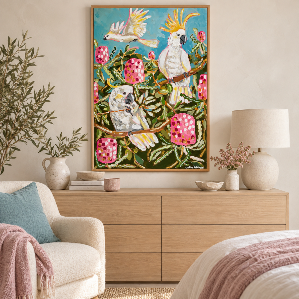Birds And Banksias wall art styled in a bright cozy bedroom corner