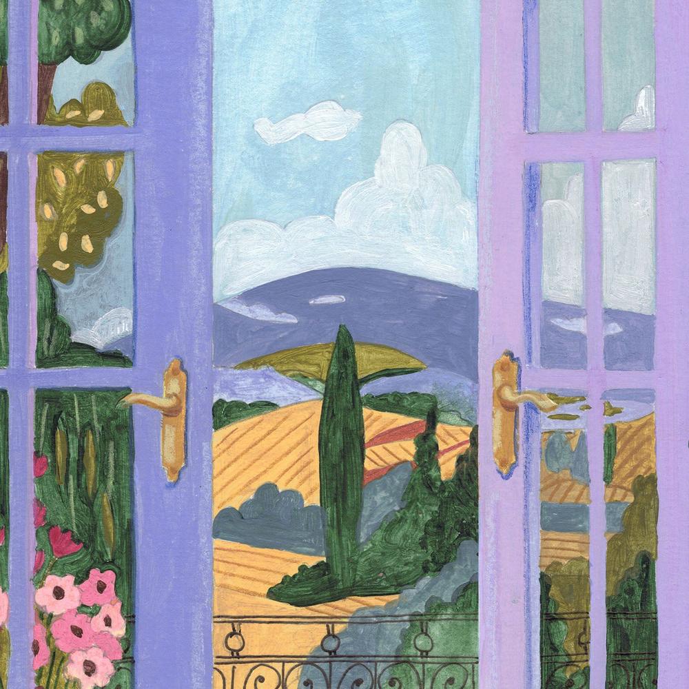 Black Cat on Bed French Doors Garden View-by-Caroline Bonne Muller-wall-art-print-canvas-poster-framed-Gioia