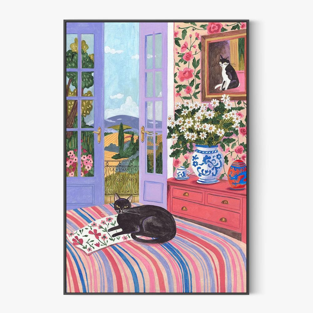 Black Cat on Bed French Doors Garden View-by-Caroline Bonne Muller-wall-art-print-canvas-poster-framed-Gioia