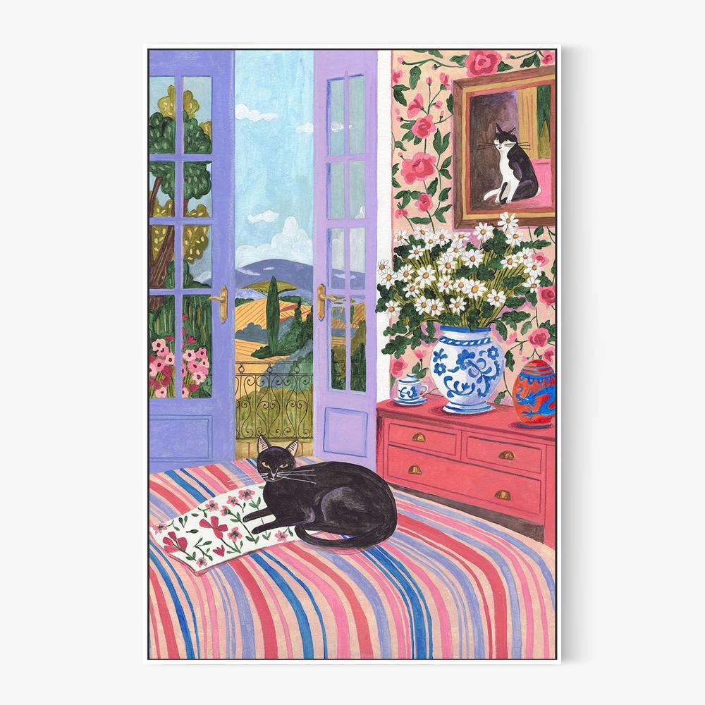 Black Cat on Bed French Doors Garden View-by-Caroline Bonne Muller-wall-art-print-canvas-poster-framed-Gioia