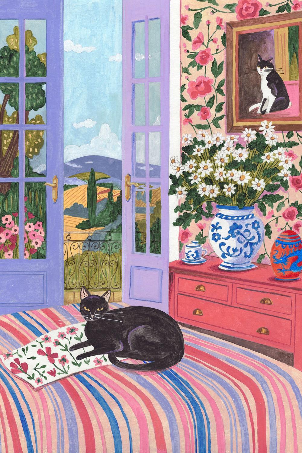 Black Cat on Bed French Doors Garden View-by-Caroline Bonne Muller-wall-art-print-canvas-poster-framed-Gioia