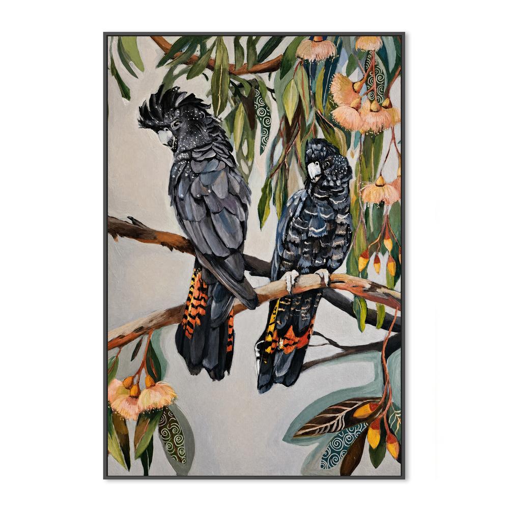 Black Cockatoos with Peach Gum Blossom-by-Susan Trudinger-wall-art-print-canvas-poster-framed-Gioia