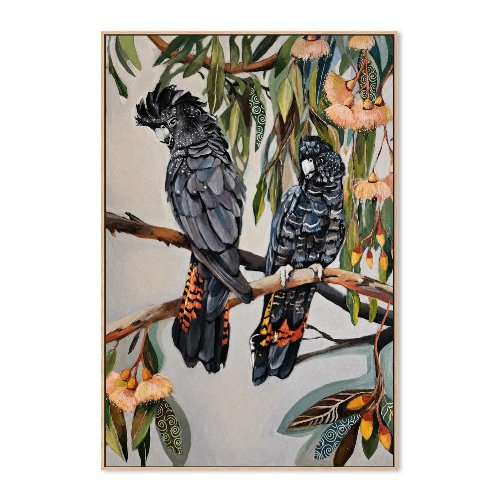 Black Cockatoos with Peach Gum Blossom-by-Susan Trudinger-wall-art-print-canvas-poster-framed-Gioia