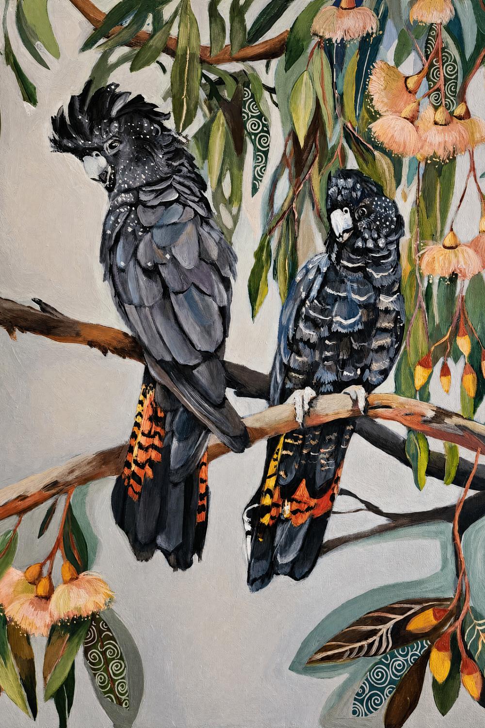 Black Cockatoos with Peach Gum Blossom-by-Susan Trudinger-wall-art-print-canvas-poster-framed-Gioia