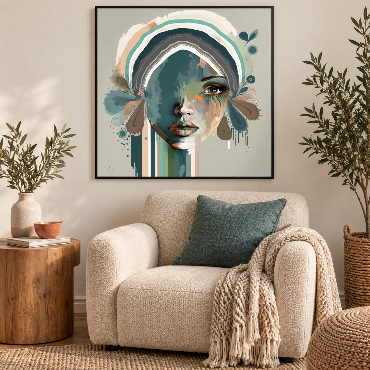 Blaire wall art styled in a refined contemporary bohemian cozy corner