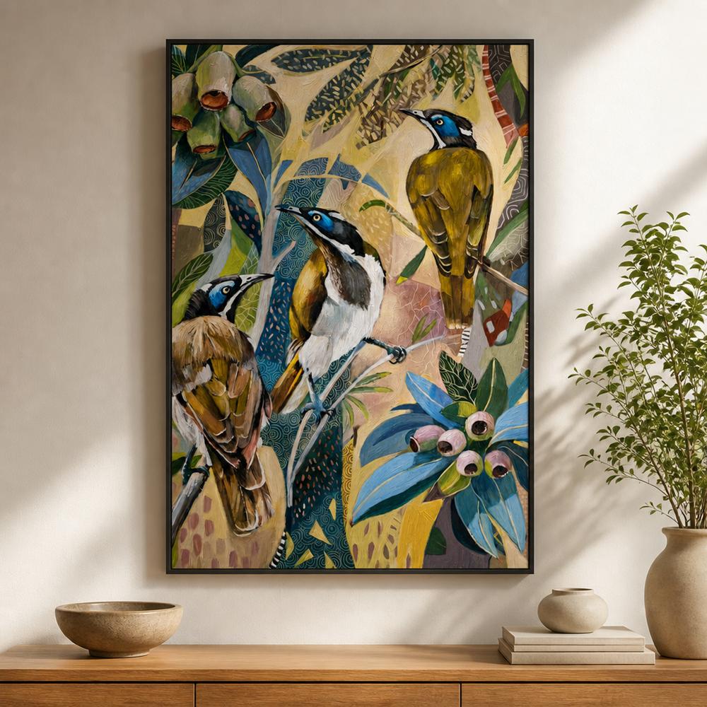 Blue Faced Honeyeaters with Gumnuts-by-Susan Trudinger-wall-art-print-canvas-poster-framed-Gioia