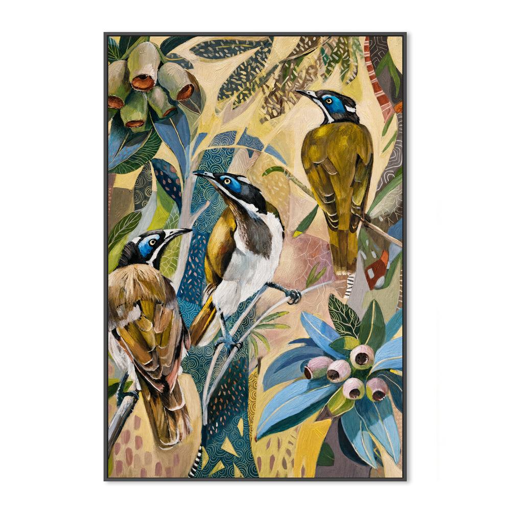 Blue Faced Honeyeaters with Gumnuts-by-Susan Trudinger-wall-art-print-canvas-poster-framed-Gioia