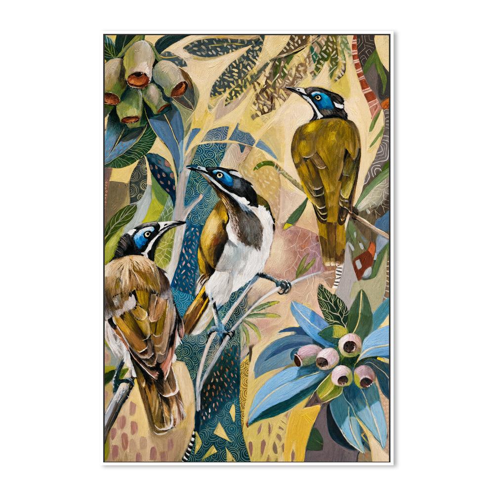 Blue Faced Honeyeaters with Gumnuts-by-Susan Trudinger-wall-art-print-canvas-poster-framed-Gioia