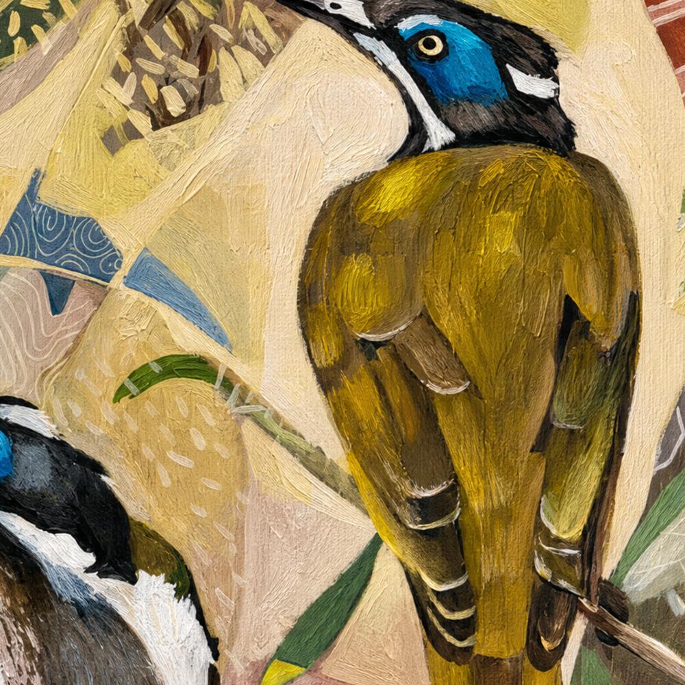 Blue Faced Honeyeaters with Gumnuts-by-Susan Trudinger-wall-art-print-canvas-poster-framed-Gioia