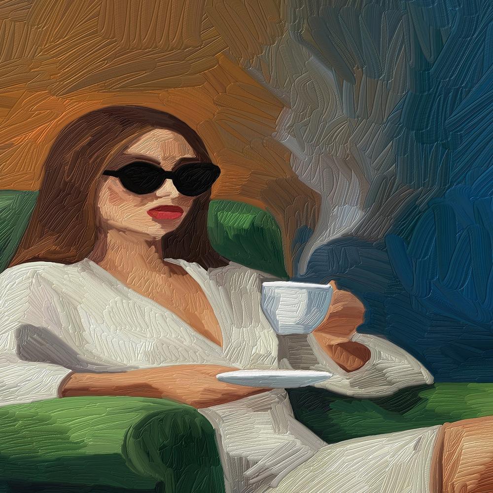 CHICA Y UN CAFE-by-Giovanna Gil Alves-wall-art-print-canvas-poster-framed-Gioia