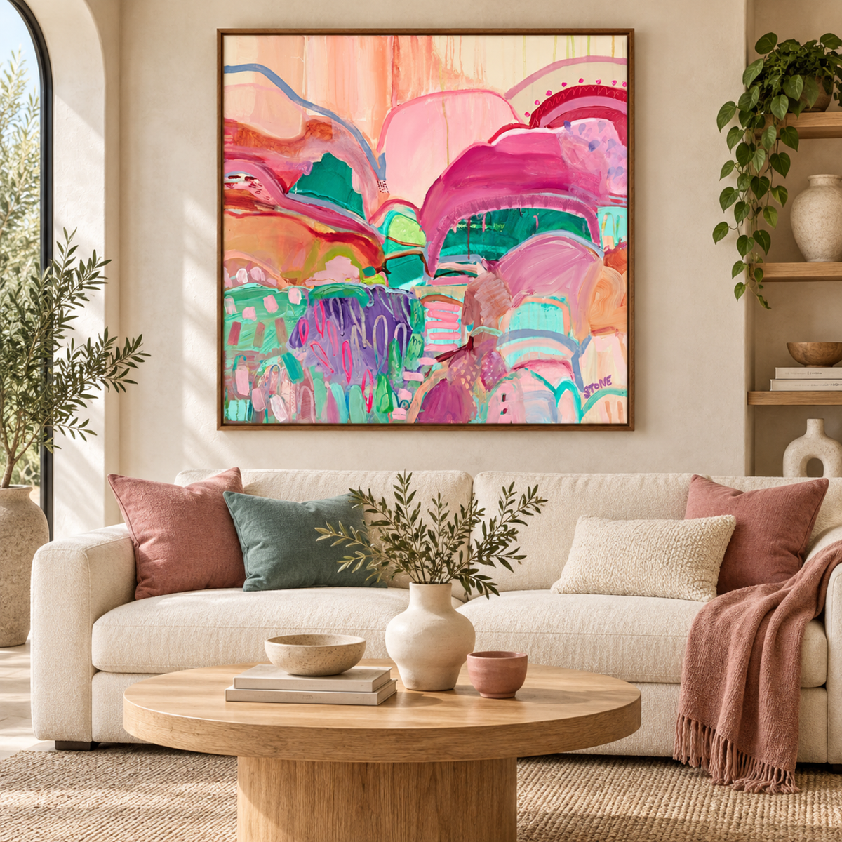 Coloured Oasis wall art styled in a modern contemporary living room with no mat border