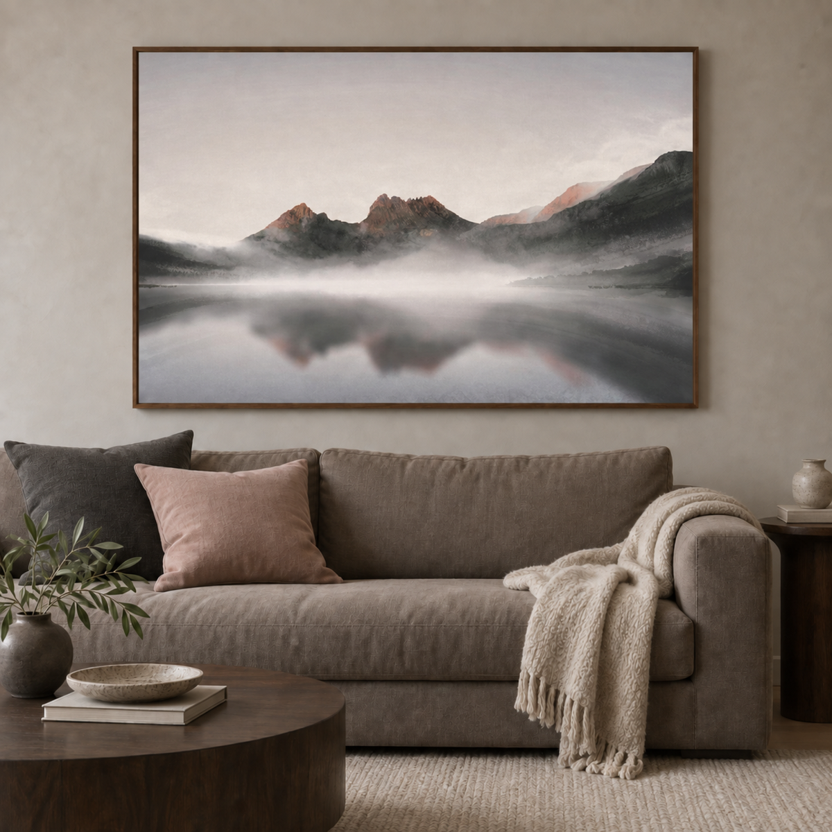 Cradle Mountain Sunrise Tasmania wall art styled in a quiet contemporary living room