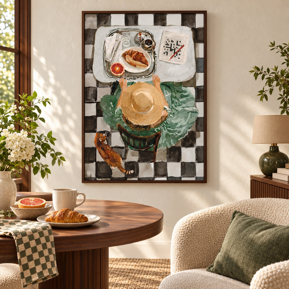 Crosswords by Ekaterina Zagorska in a dark walnut frame in a quiet breakfast reading corner