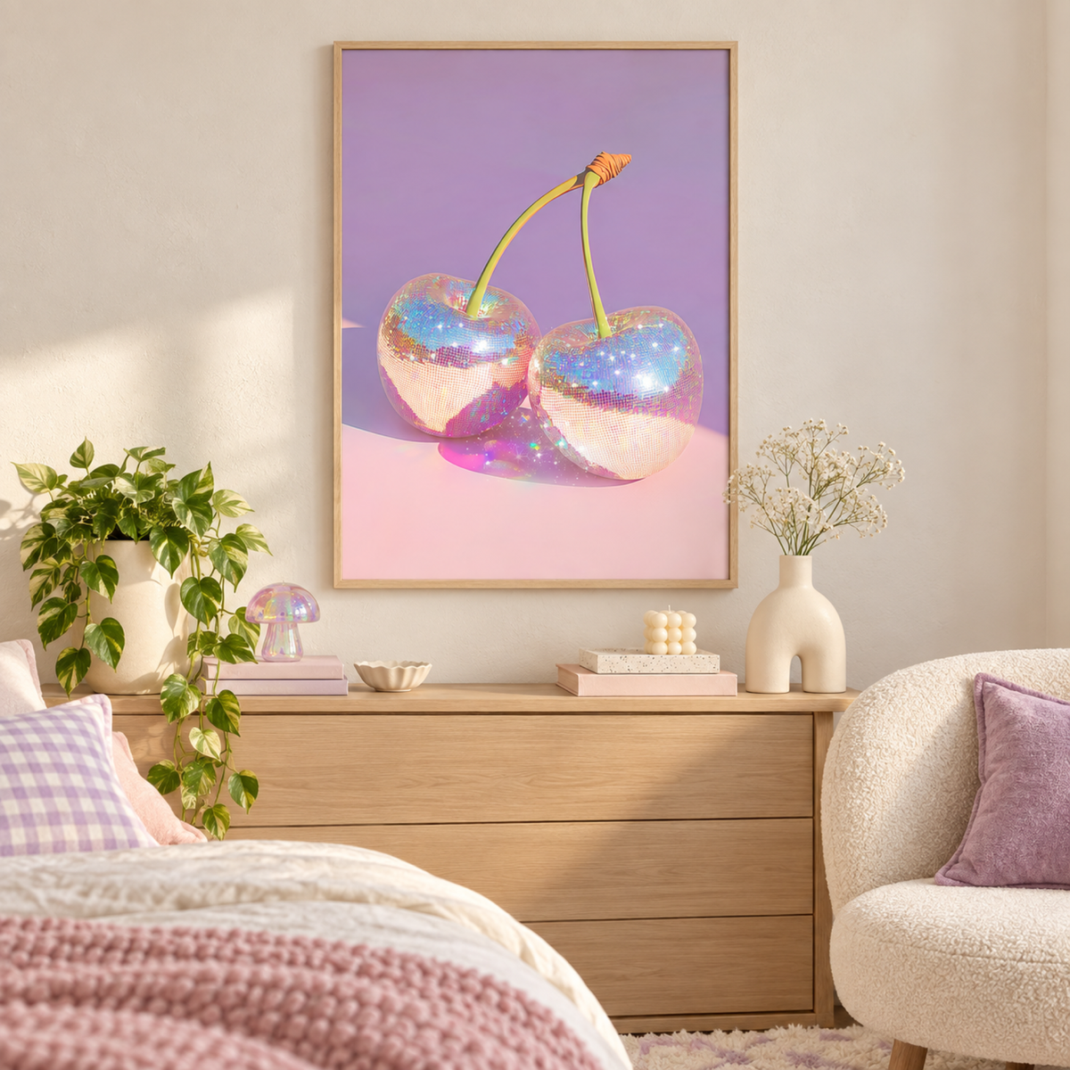 Disco Ball Cherries on Pastel Background wall art styled in a playful bedroom
