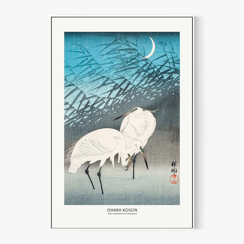 Egrets and Reeds In Moonlight (1926) Boarder-by-Ohara Koson-wall-art-print-canvas-poster-framed-Gioia