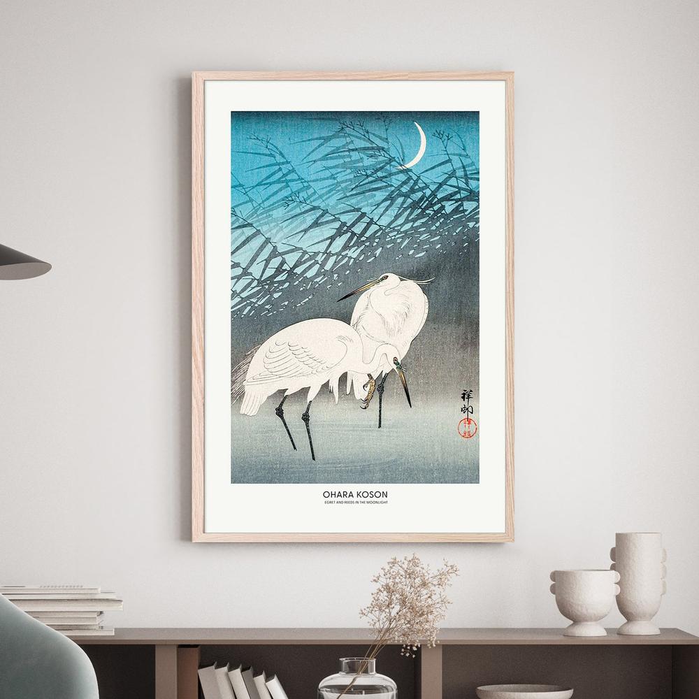 Egrets and Reeds In Moonlight (1926) Boarder-by-Ohara Koson-wall-art-print-canvas-poster-framed-Gioia