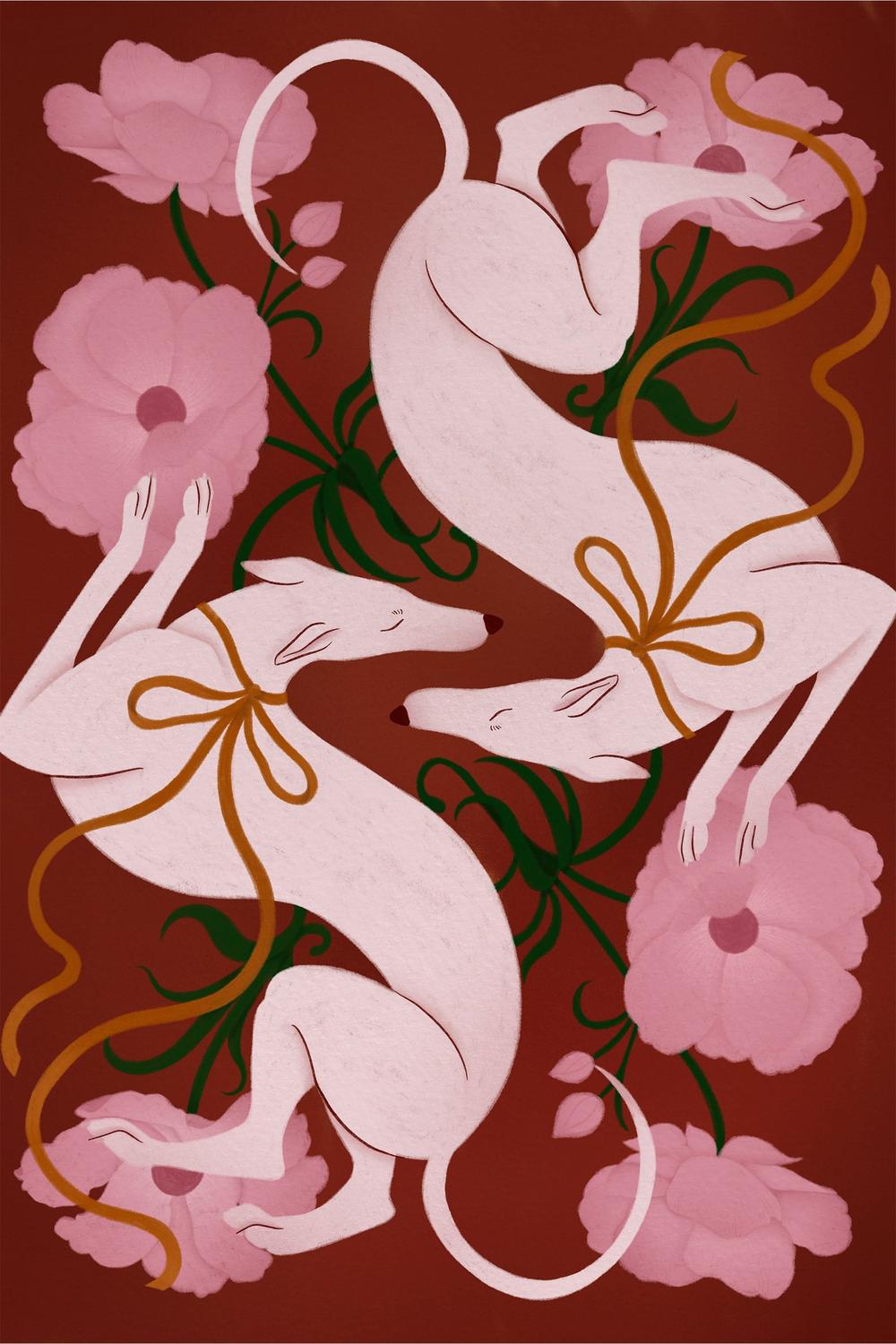 wall-art-print-canvas-poster-framed-Elegant Greyhounds and Flowers-1