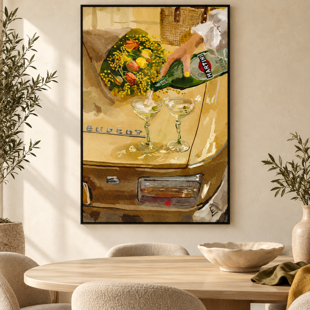 Festa Primavera by Ekaterina Zagorska in a black floating frame in a contemporary dining room with neutral furniture.