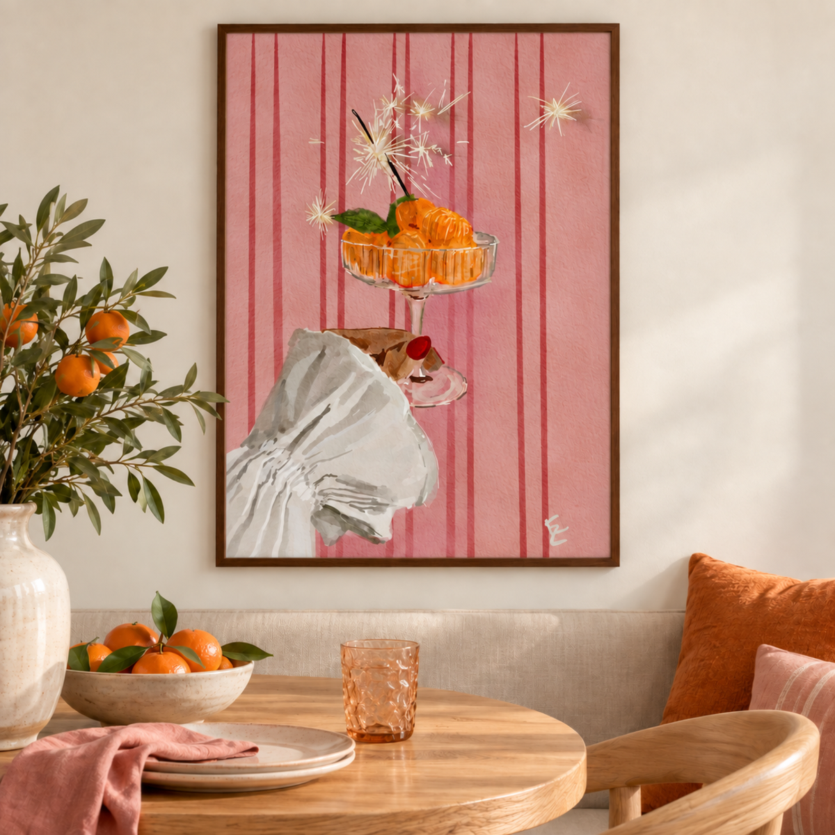 Festive Tangerine wall art styled in a cosy kitchen dining corner with no mat border