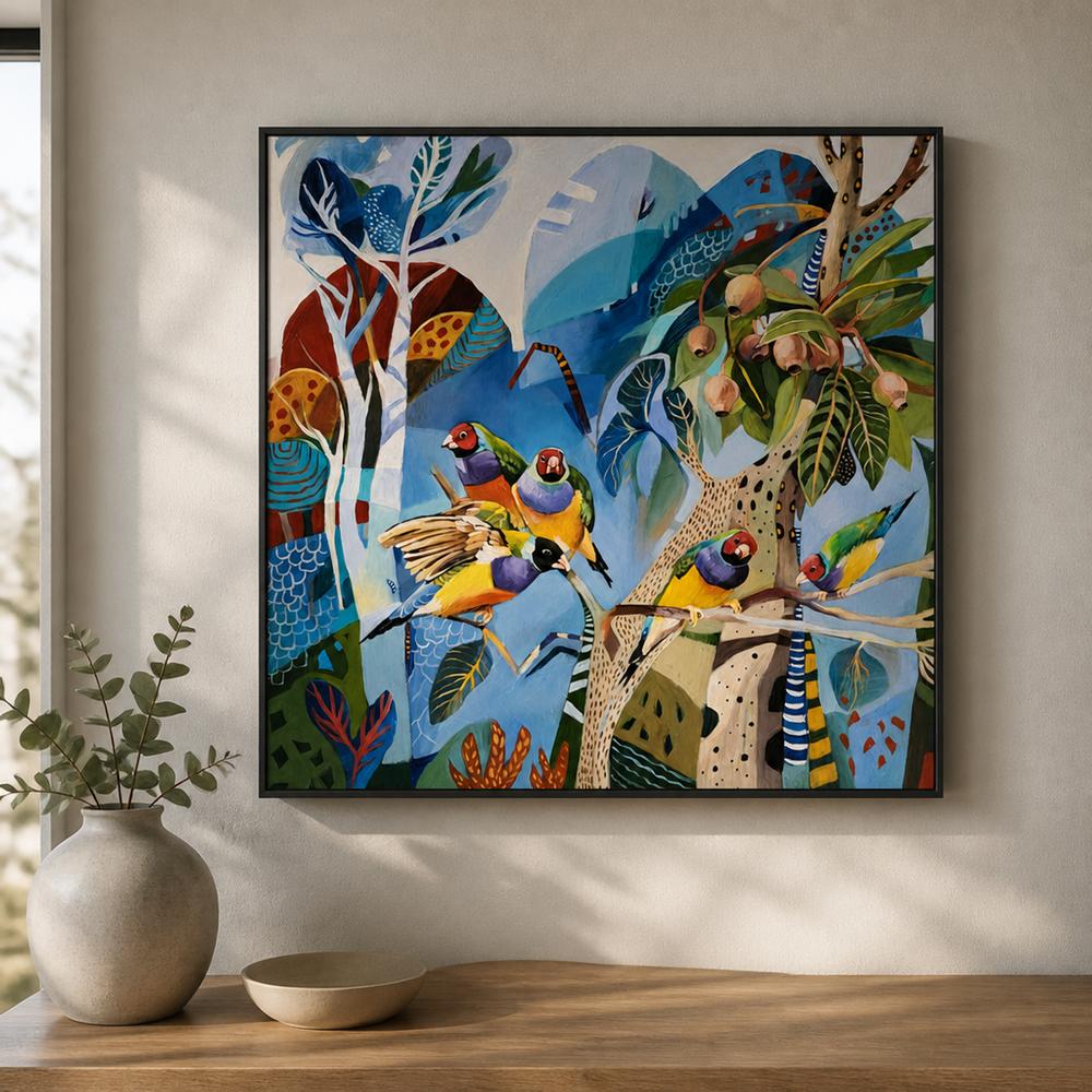 Gouldian Finches on Blue-by-Susan Trudinger-wall-art-print-canvas-poster-framed-Gioia