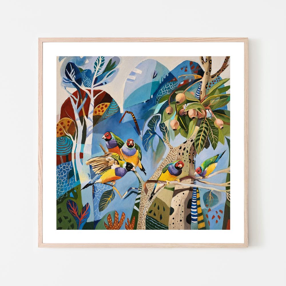Gouldian Finches on Blue-by-Susan Trudinger-wall-art-print-canvas-poster-framed-Gioia