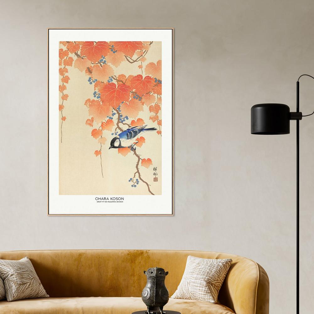 Great Tit On Paulownia Branch-by-Ohara Koson-wall-art-print-canvas-poster-framed-Gioia