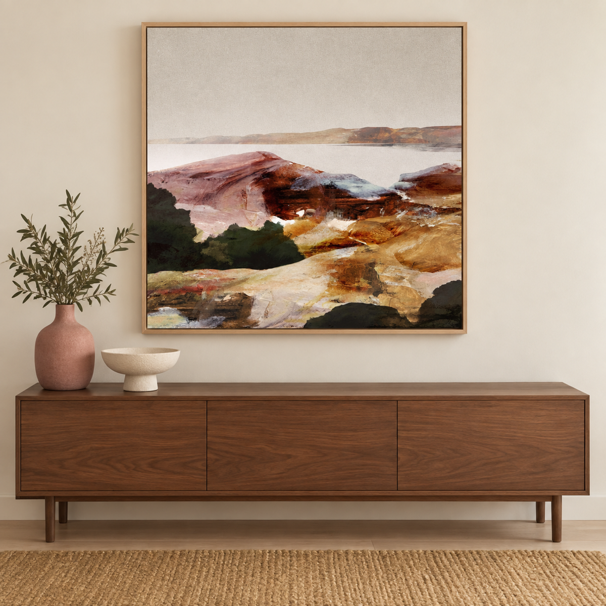 Hope Lookout in an oak frame above a walnut console with dusty rose and ivory ceramics.