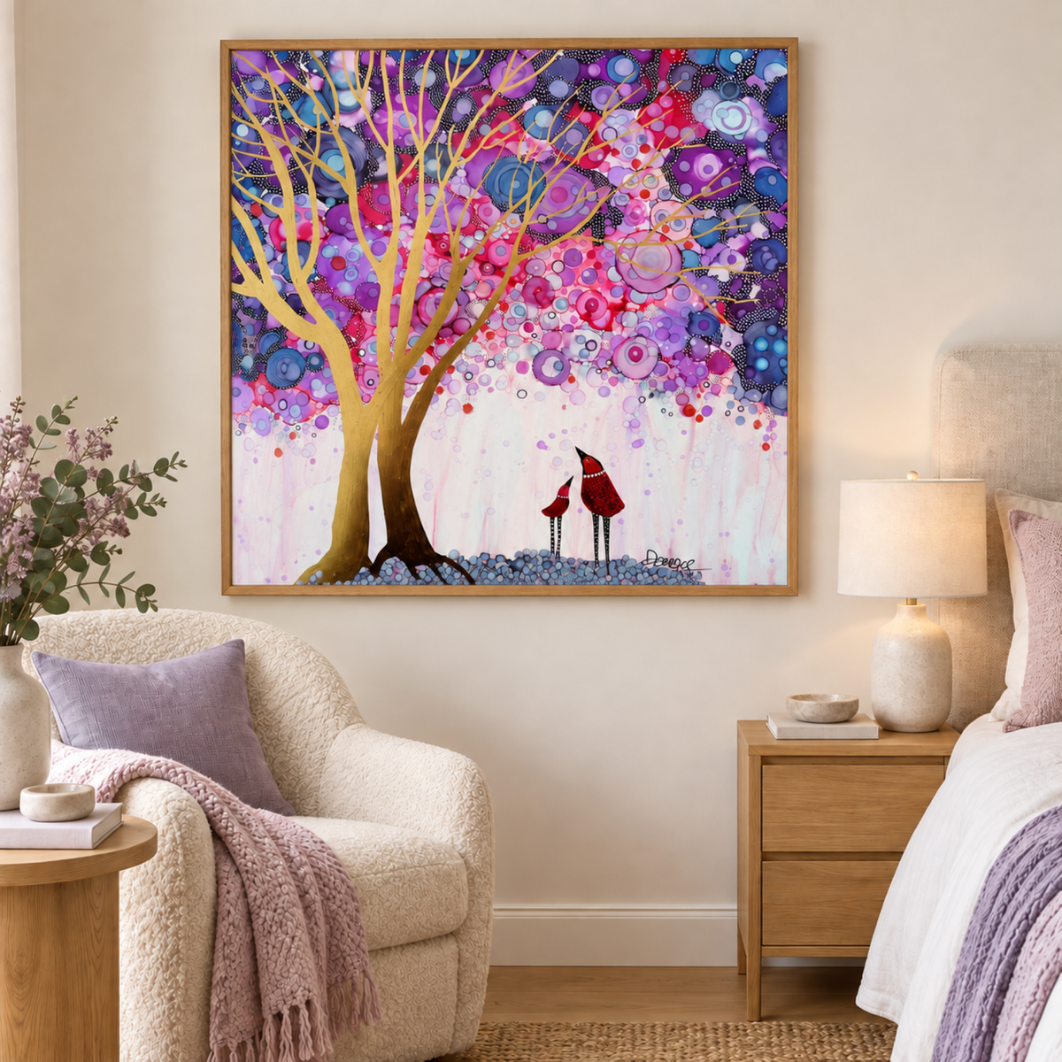 I Am Love wall art styled in a cosy contemporary bedroom with no mat border