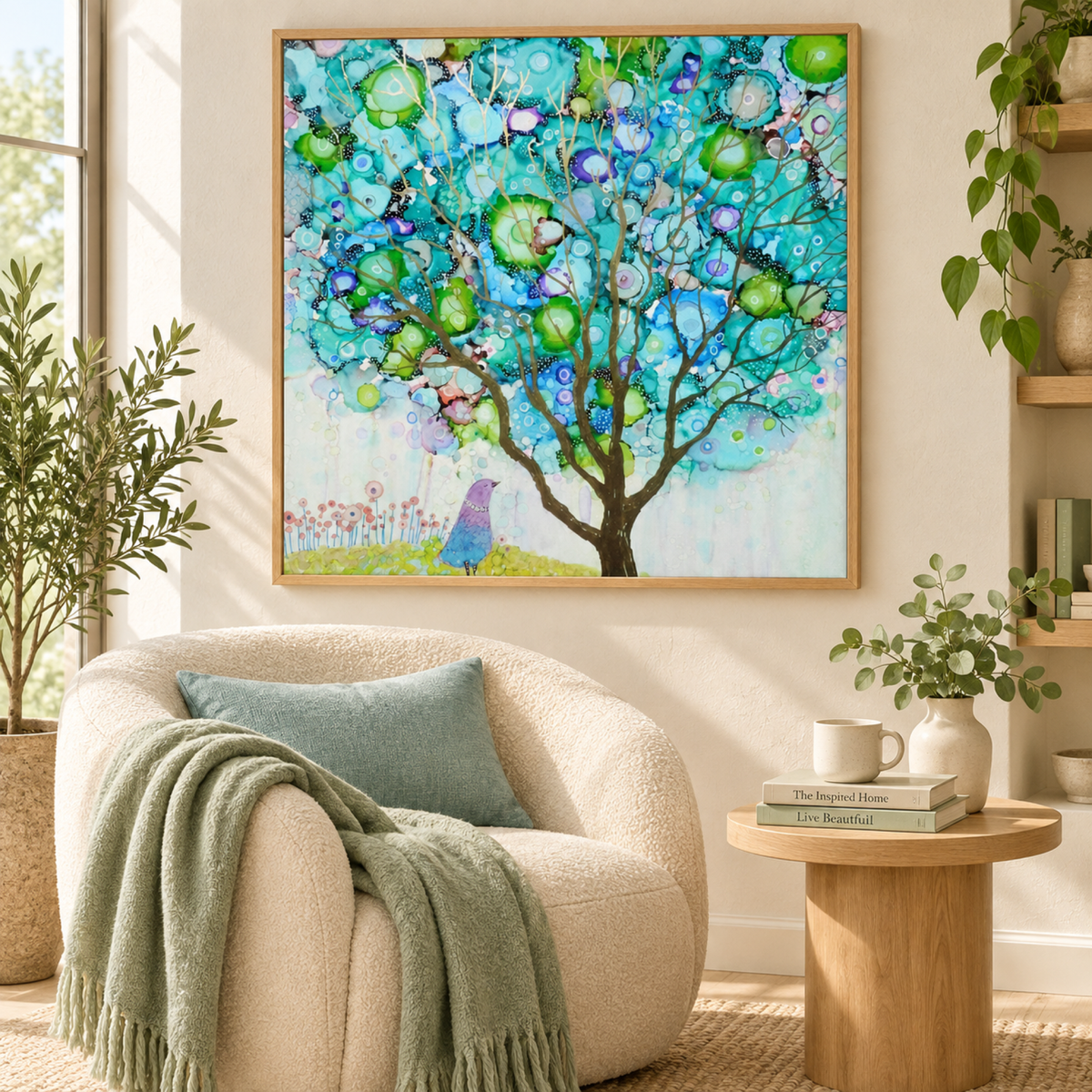 I Am Peace wall art styled in a calm contemporary reading nook with no mat border