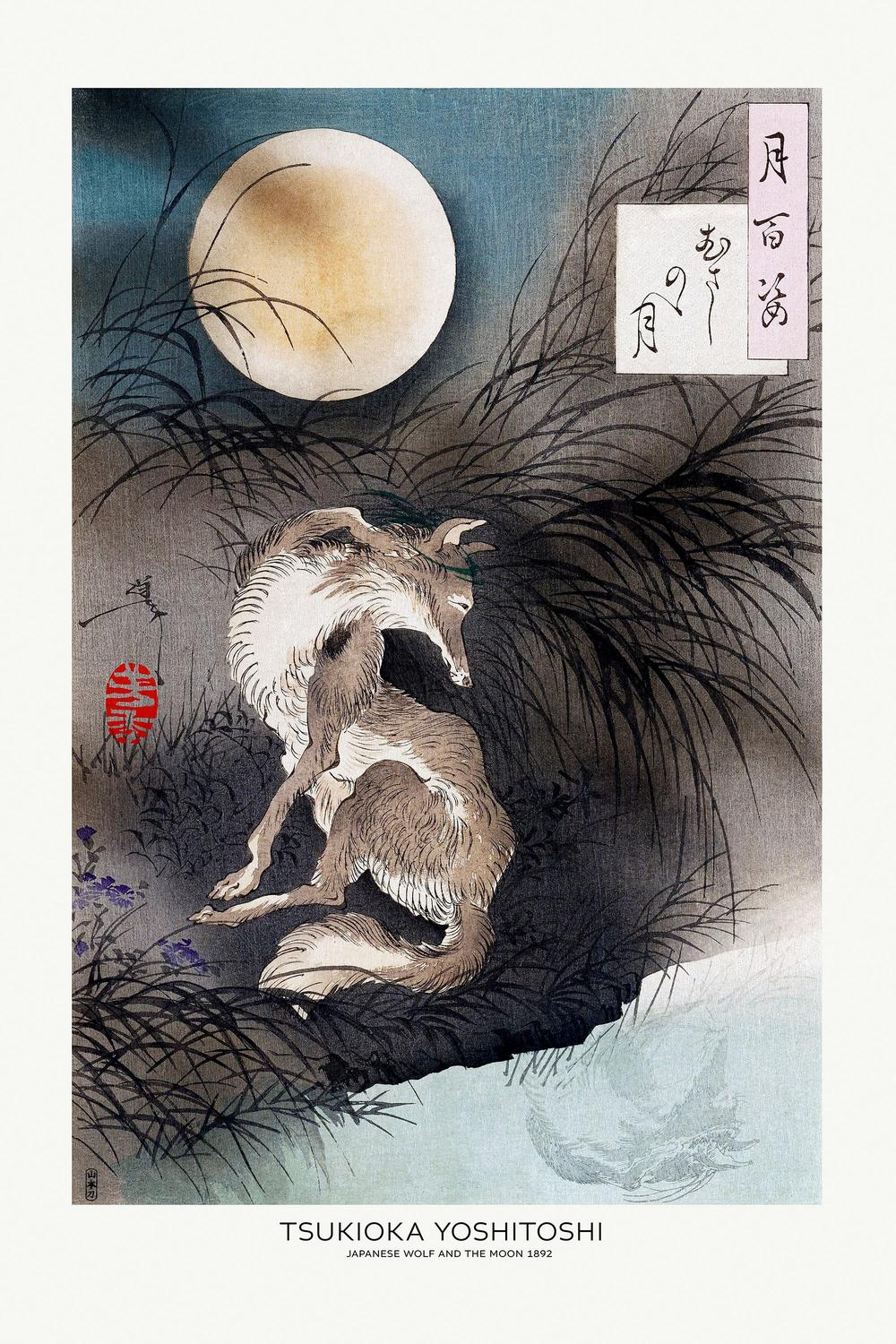 Japanese Wolf and the Moon (1892)-by-Tsukioka Yoshitoshi-wall-art-print-canvas-poster-framed-Gioia