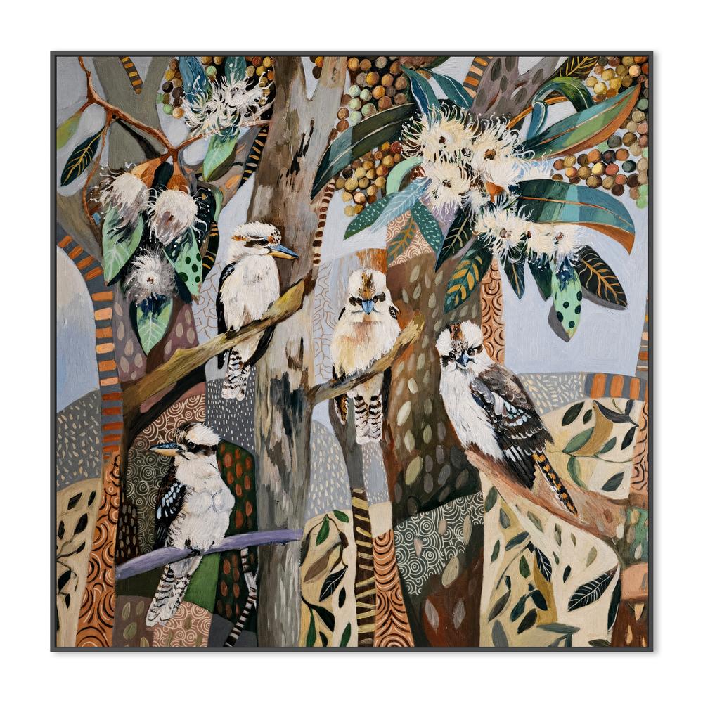 Kookaburras with White Gum Blossom-by-Susan Trudinger-wall-art-print-canvas-poster-framed-Gioia