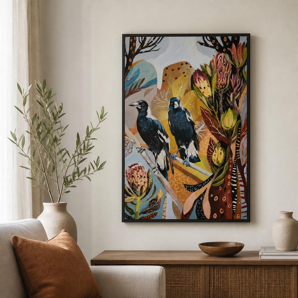 Magpies with Protea-by-Susan Trudinger-wall-art-print-canvas-poster-framed-Gioia