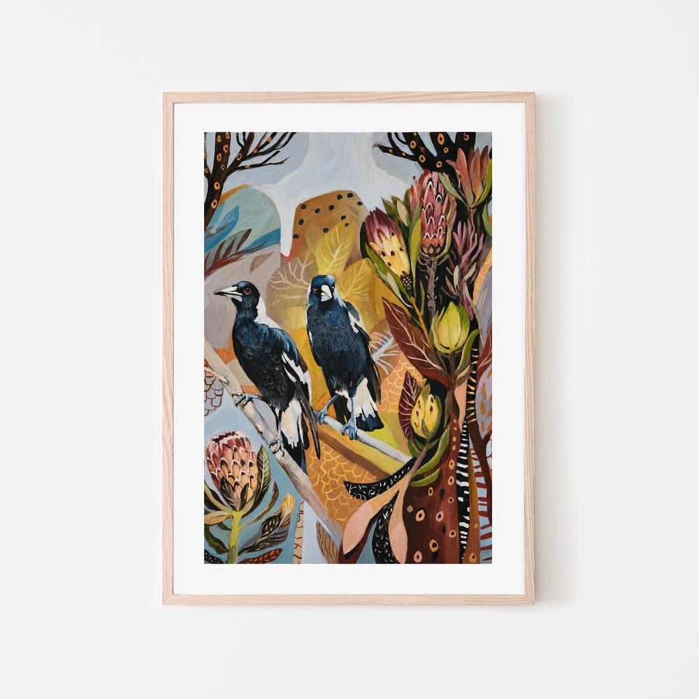 Magpies with Protea-by-Susan Trudinger-wall-art-print-canvas-poster-framed-Gioia