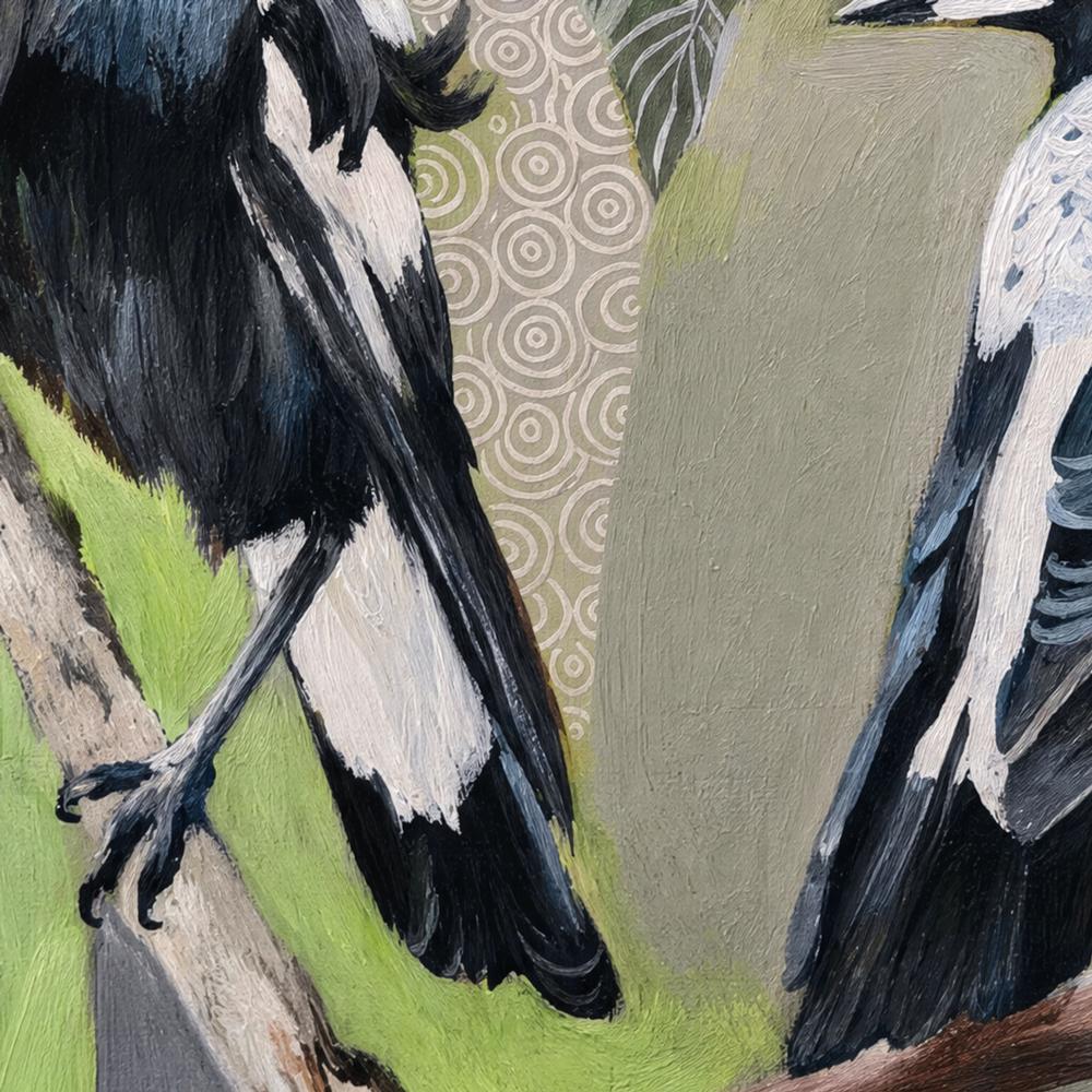 Magpies with Red Gum Blossom-by-Susan Trudinger-wall-art-print-canvas-poster-framed-Gioia