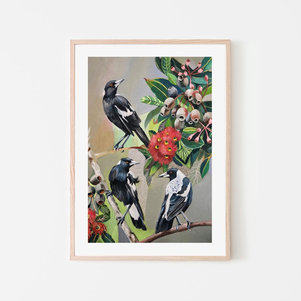 Magpies with Red Gum Blossom-by-Susan Trudinger-wall-art-print-canvas-poster-framed-Gioia