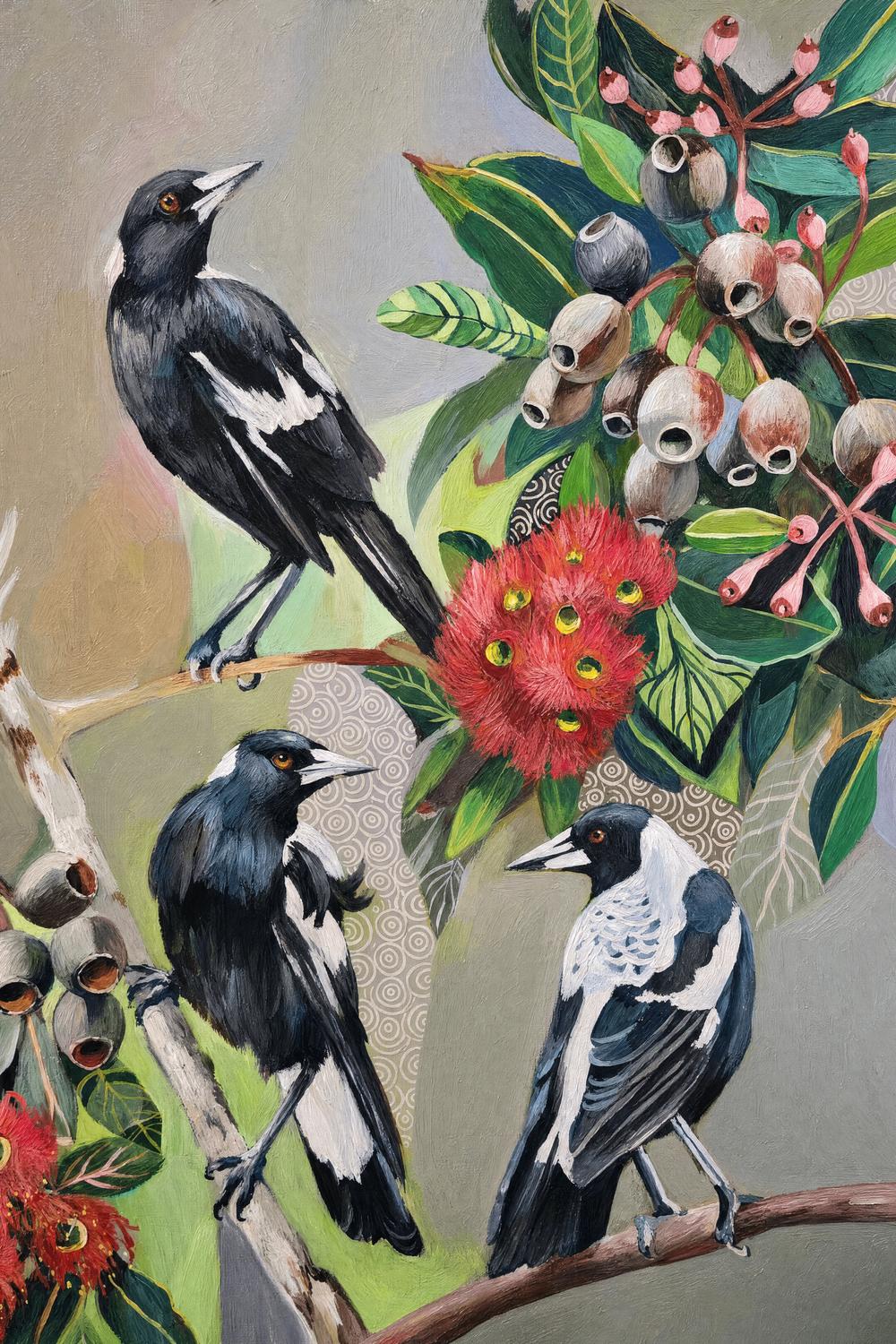Magpies with Red Gum Blossom-by-Susan Trudinger-wall-art-print-canvas-poster-framed-Gioia