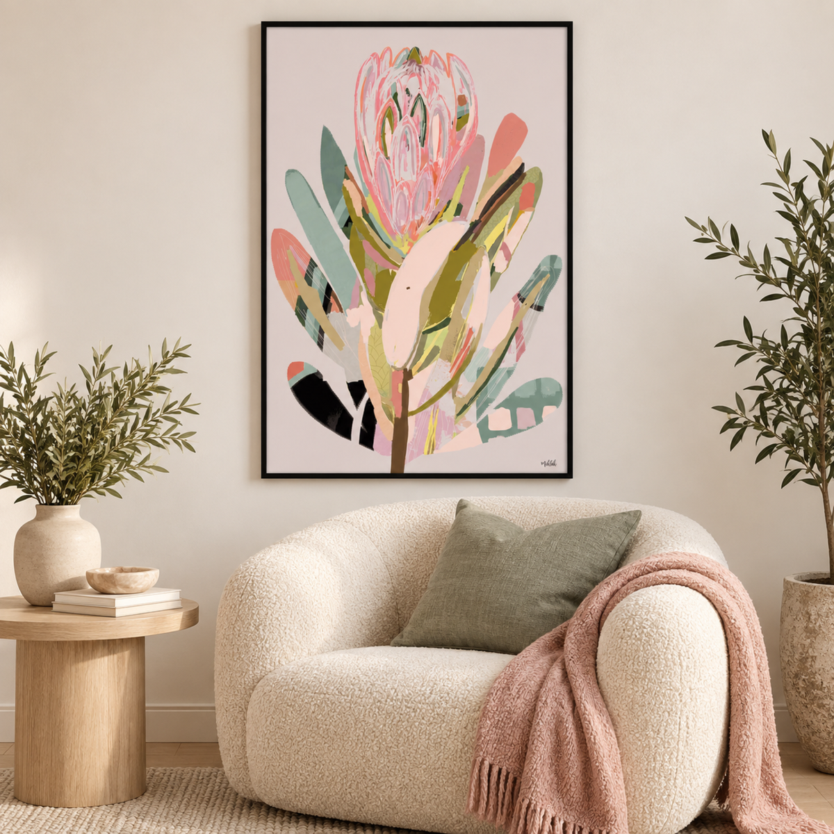 Modern Protea wall art styled in a light contemporary cozy corner