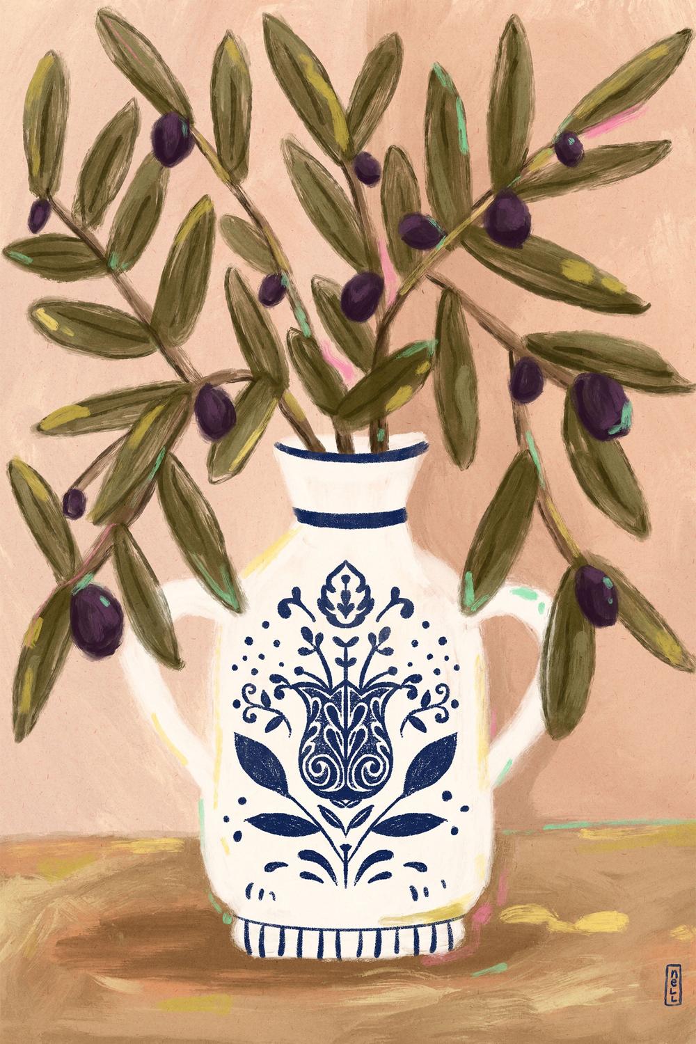 wall-art-print-canvas-poster-framed-Olive Branches In a Pot Painting-1