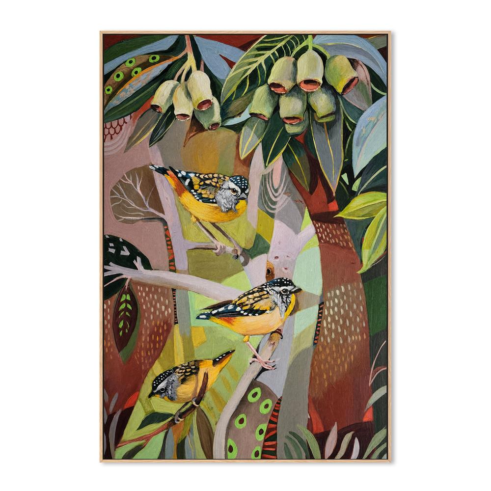 Pardalote with Gumnuts-by-Susan Trudinger-wall-art-print-canvas-poster-framed-Gioia