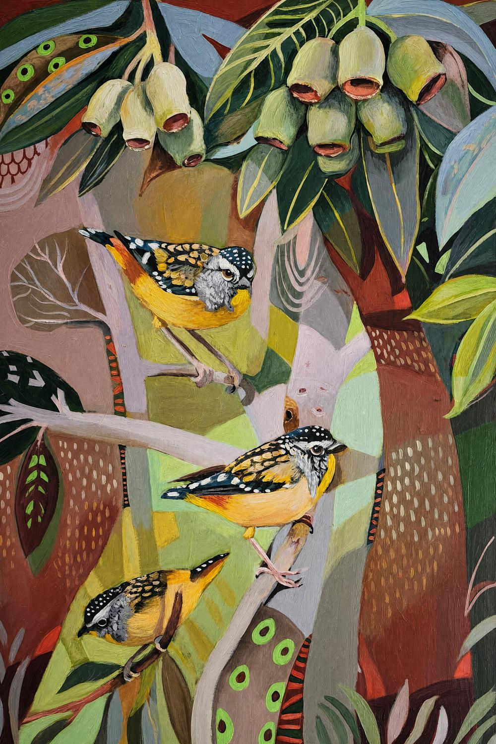 Pardalote with Gumnuts-by-Susan Trudinger-wall-art-print-canvas-poster-framed-Gioia