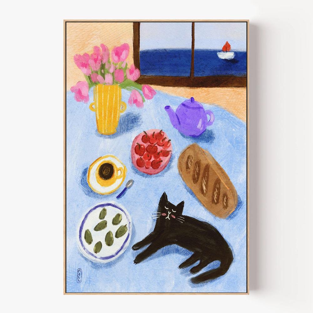Relaxing Seaside Cat Breakfast-by-Dirkie Nell-wall-art-print-canvas-poster-framed-Gioia