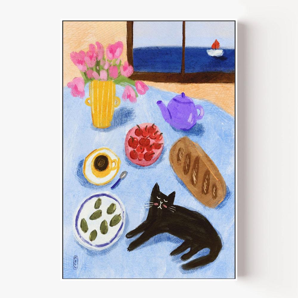 Relaxing Seaside Cat Breakfast-by-Dirkie Nell-wall-art-print-canvas-poster-framed-Gioia