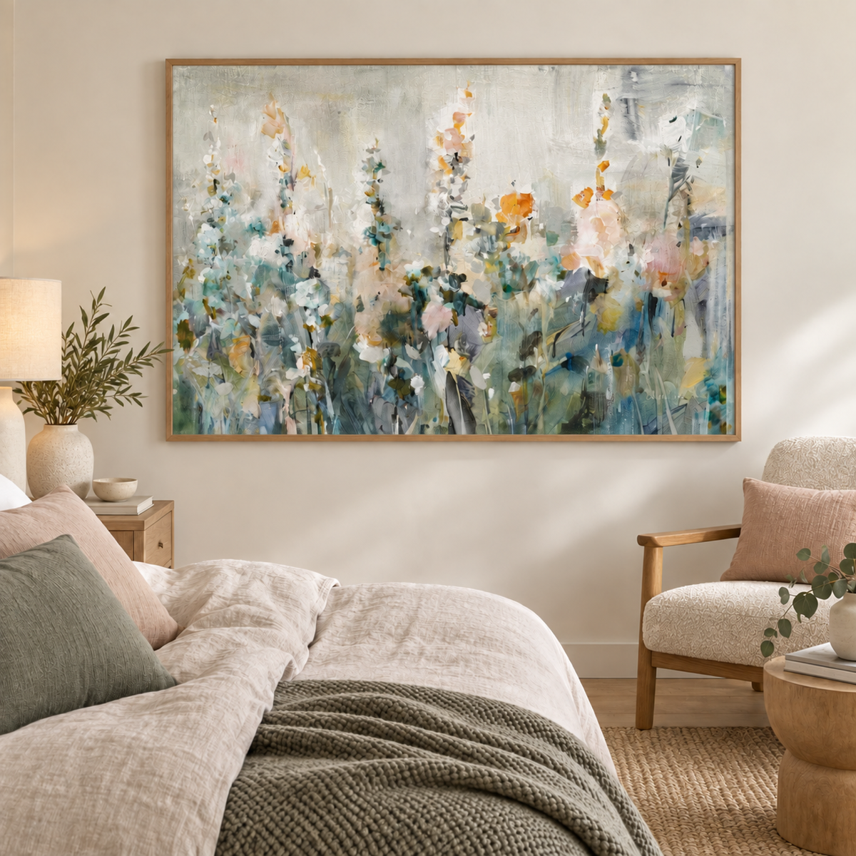Rustic Garden Neutral wall art styled in a calm contemporary bedroom with no mat border