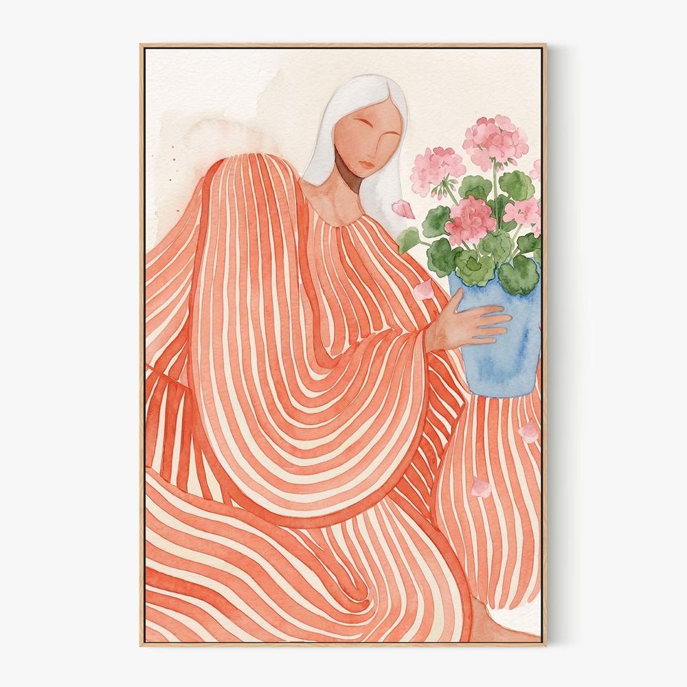 Serene Woman Pink Flowers-by-Essa Van Reis-wall-art-print-canvas-poster-framed-Gioia