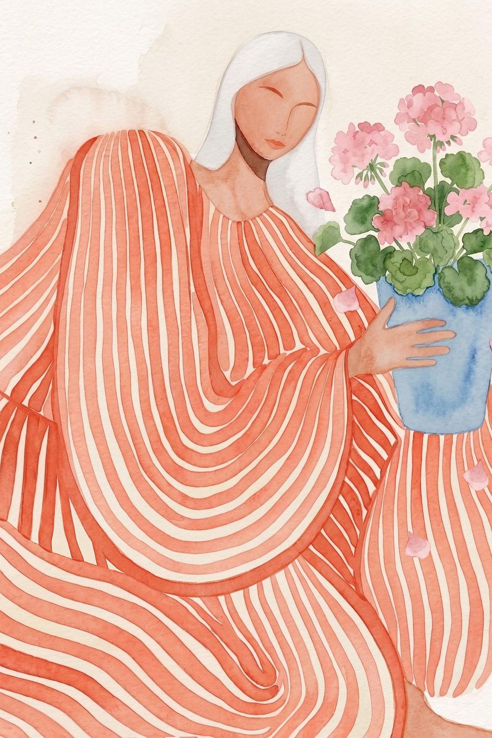 Serene Woman Pink Flowers-by-Essa Van Reis-wall-art-print-canvas-poster-framed-Gioia
