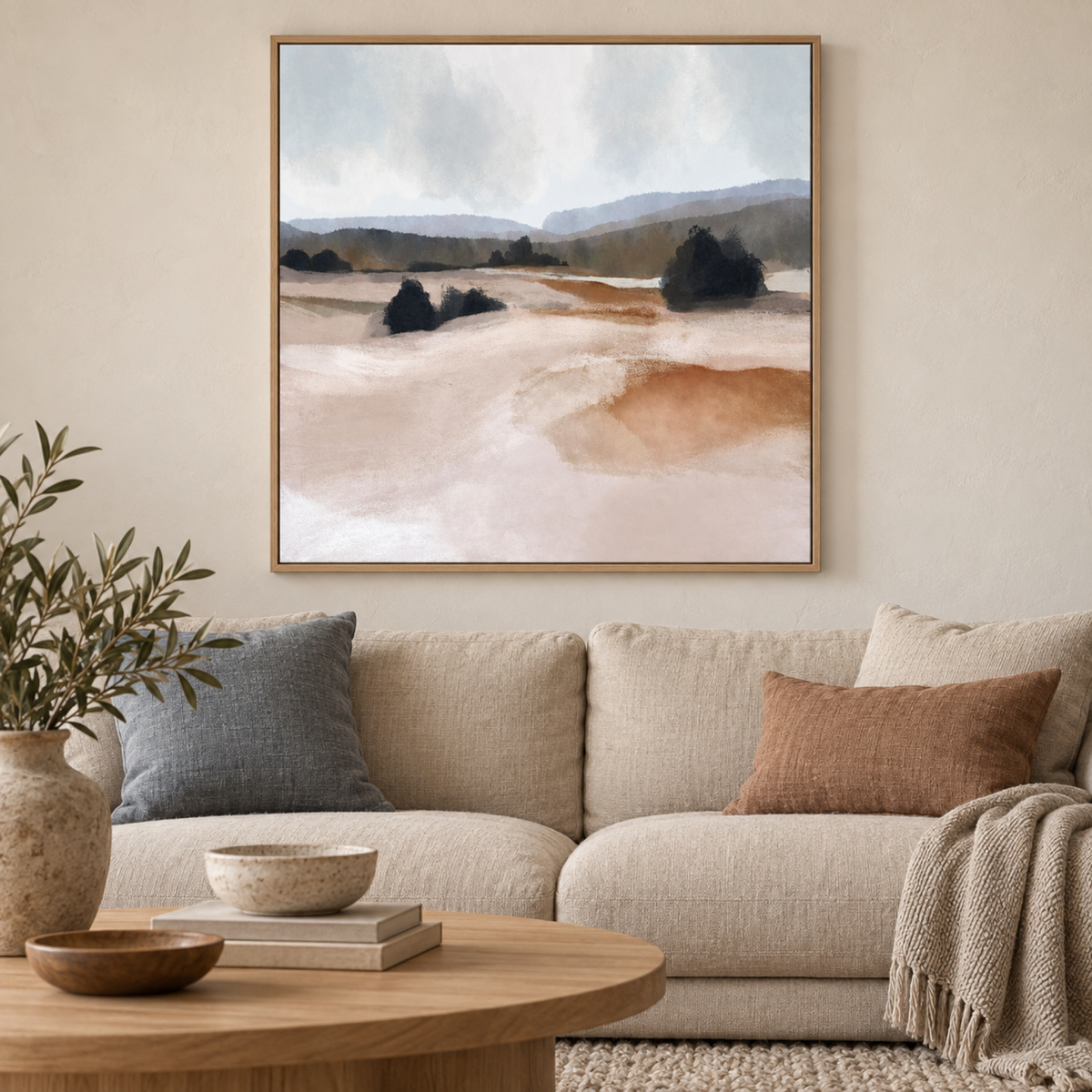 The Ranch wall art styled above an oatmeal contemporary sofa