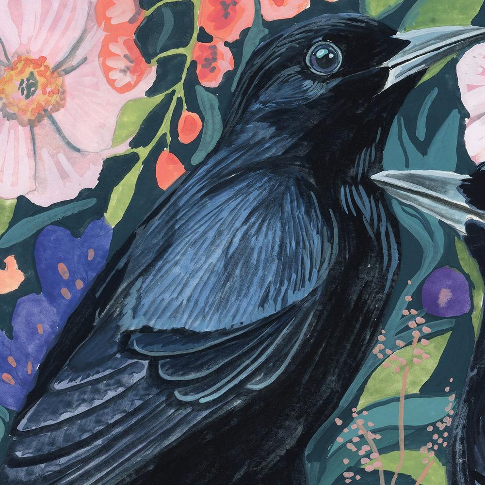 Two Crows on Flowers-by-Kate Jarvik Birch-wall-art-print-canvas-poster-framed-Gioia